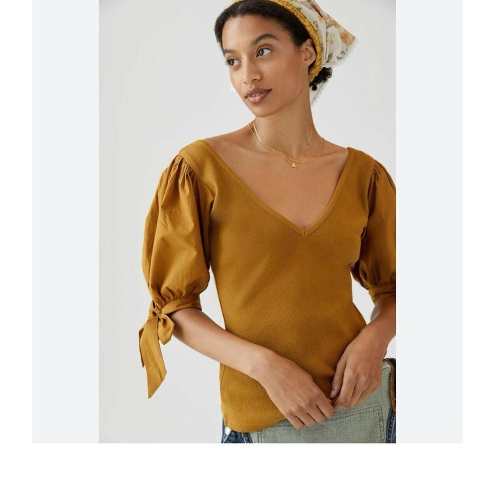 Mustard Yellow Gold Maeve by Anthropologie Ribbed Top w/ Puff Bow Short Sleeves - Picture 7 of 7